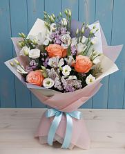 Букет цветов из:  Лизиантусы, Розы, Альстромерии и Гипсофила в Тоншаево
